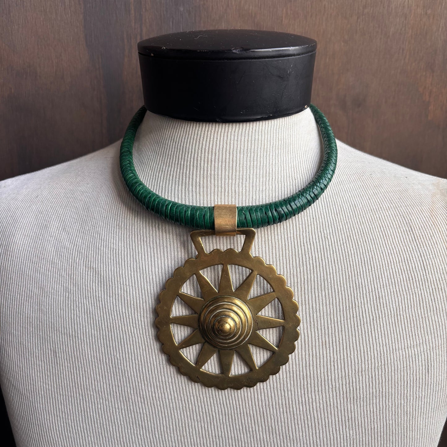 Mac Warman Sunburst Medallion Green Leather Collar Necklace