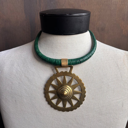 Mac Warman Sunburst Medallion Green Leather Collar Necklace