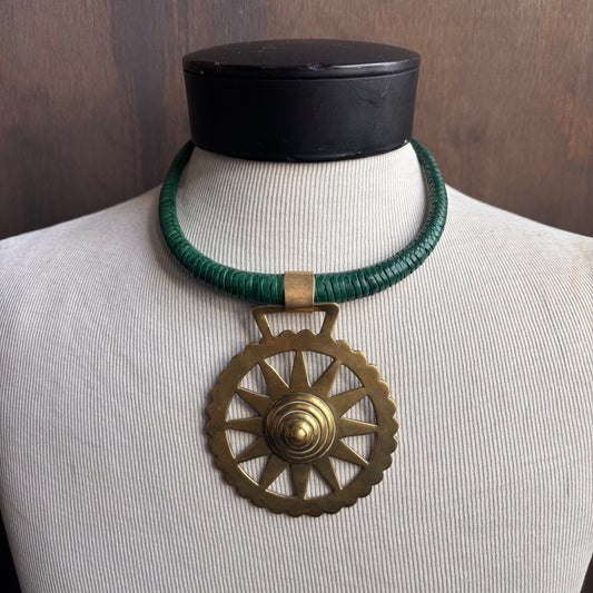 Mac Warman Sunburst Medallion Green Leather Collar Necklace
