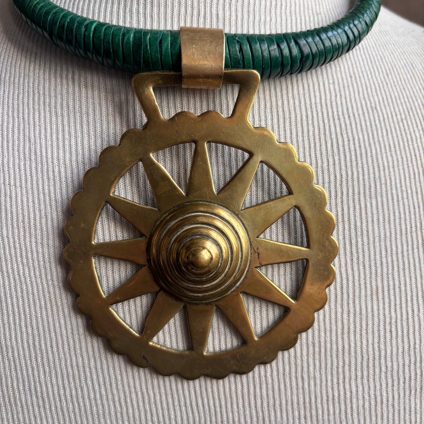 Mac Warman Sunburst Medallion Green Leather Collar Necklace