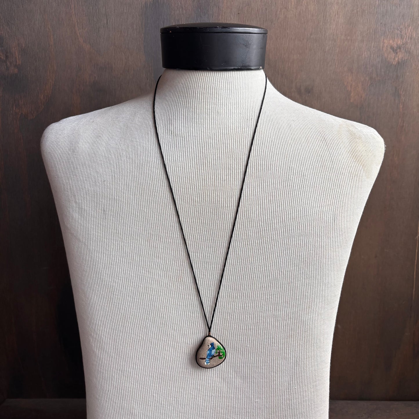 Vintage Painted Bluejay Stone Necklace