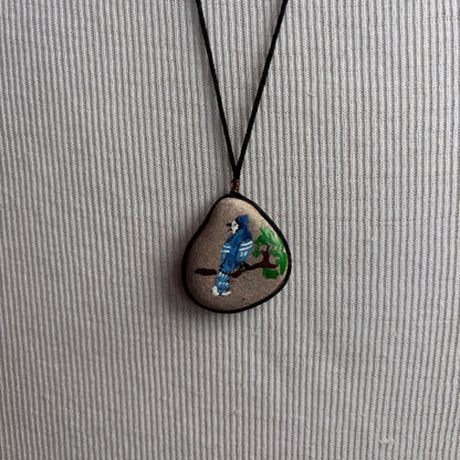 Vintage Painted Bluejay Stone Necklace