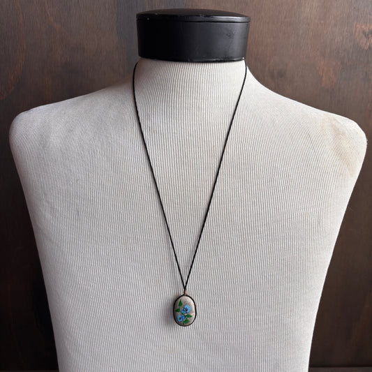 Vintage Painted Blue Flower Stone Necklace