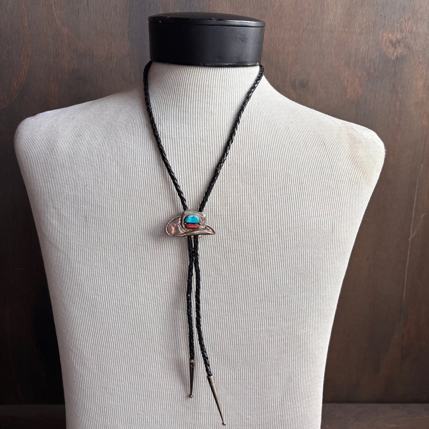 Vintage Sterling Cowboy Hat Bolo on Black Leather Tie