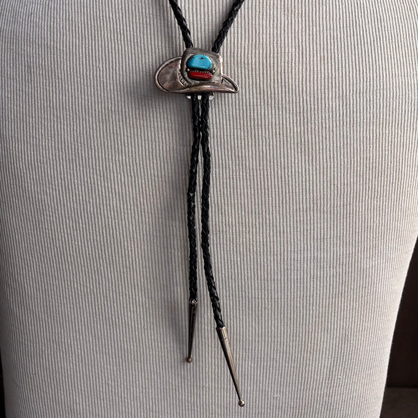 Vintage Sterling Cowboy Hat Bolo on Black Leather Tie