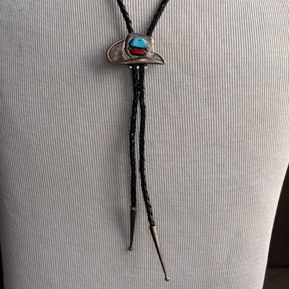 Vintage Sterling Cowboy Hat Bolo on Black Leather Tie