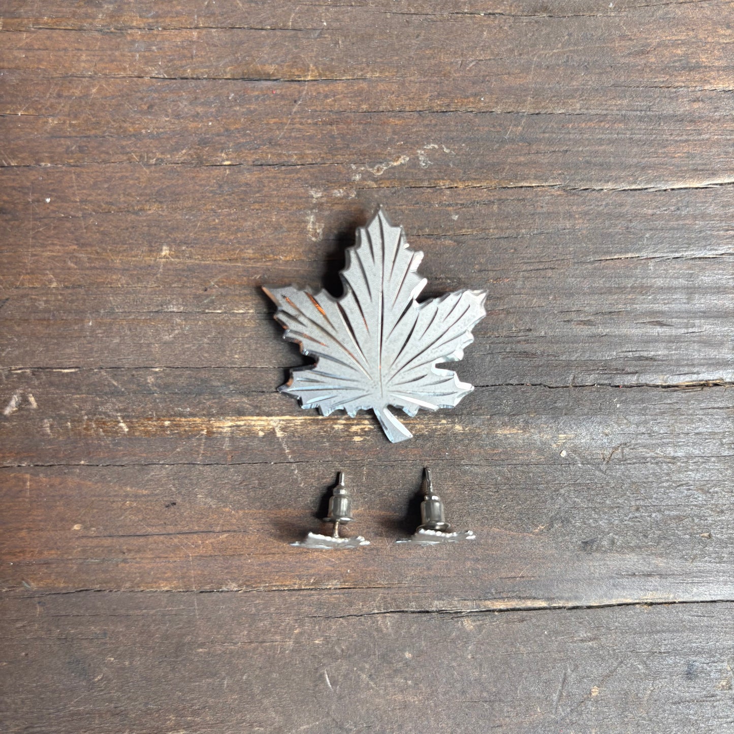Sterling Silver Maple Leaf Pin and Earrings Set