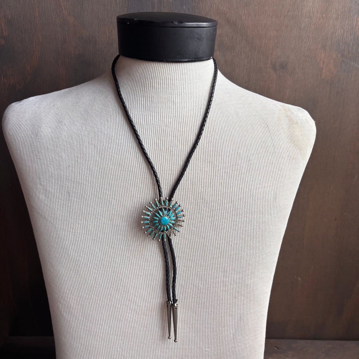 Vintage Sunburst Bolo on Black Leather Tie