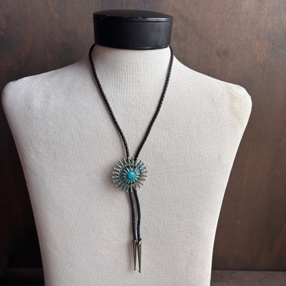 Vintage Sunburst Bolo on Black Leather Tie