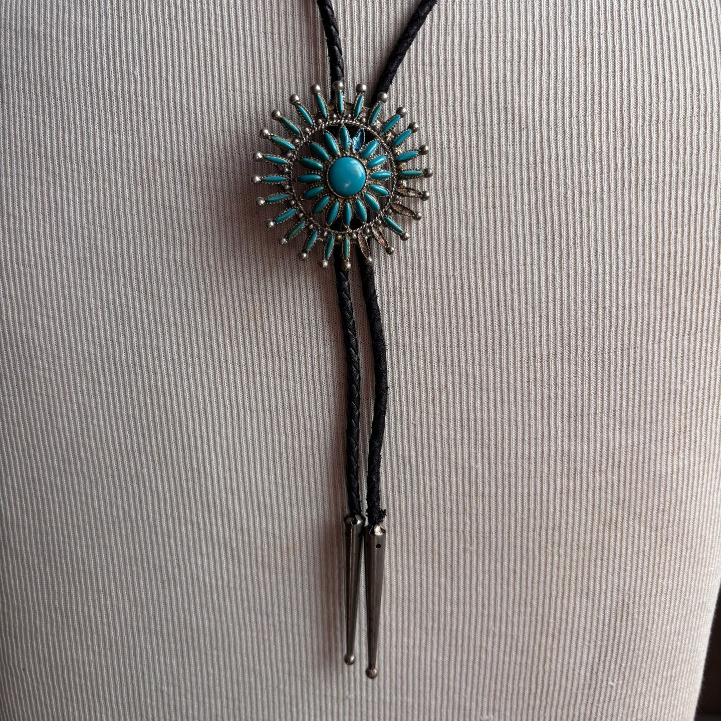 Vintage Sunburst Bolo on Black Leather Tie