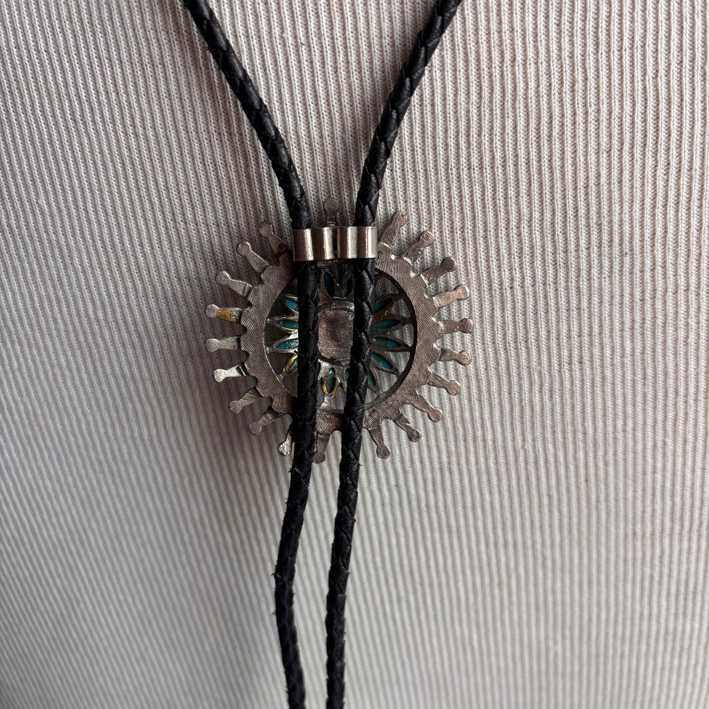Vintage Sunburst Bolo on Black Leather Tie