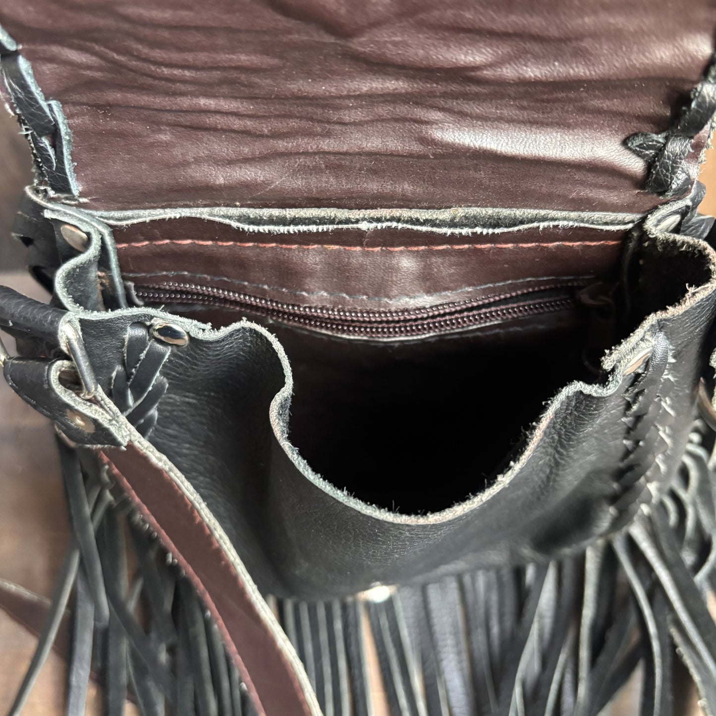 Vintage Black Leather Fringe Crossbody Bag