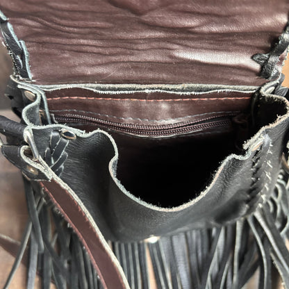 Vintage Black Leather Fringe Crossbody Bag