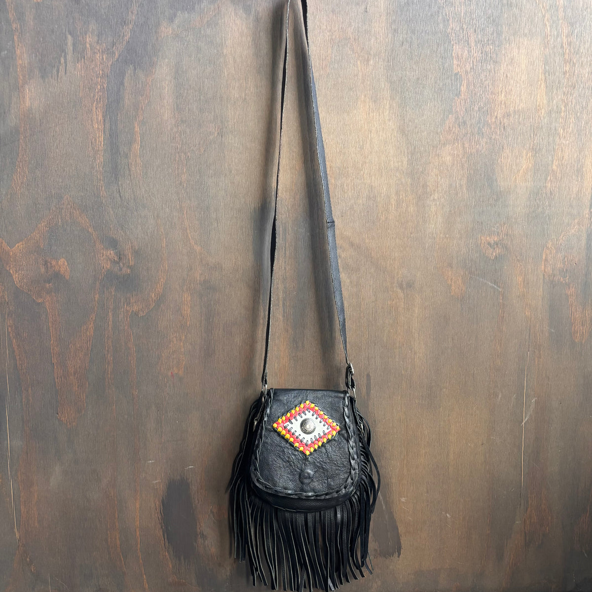 Vintage Black Leather Fringe Crossbody Bag