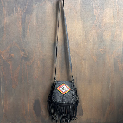 Vintage Black Leather Fringe Crossbody Bag