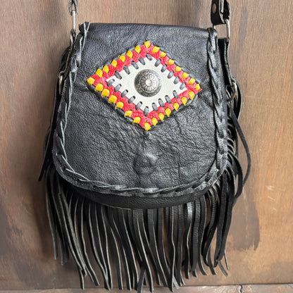 Vintage Black Leather Fringe Crossbody Bag