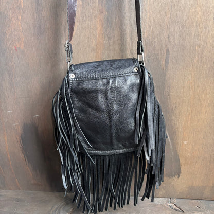 Vintage Black Leather Fringe Crossbody Bag