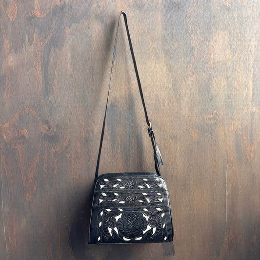 Vintage Black Tooled Leather Bag