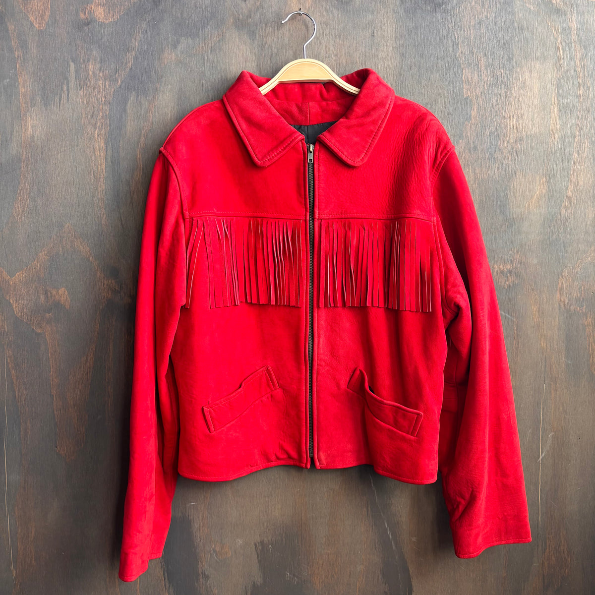Vintage Cropped Red Leather Fringed Jacket
