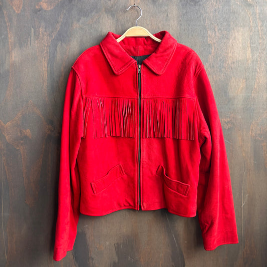 Vintage Cropped Red Leather Fringed Jacket