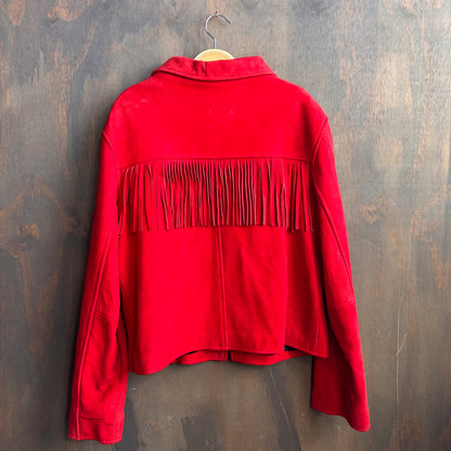 Vintage Cropped Red Leather Fringed Jacket