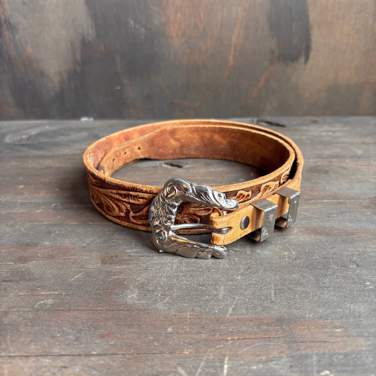 Vintage Beige Tooled Leather Belt