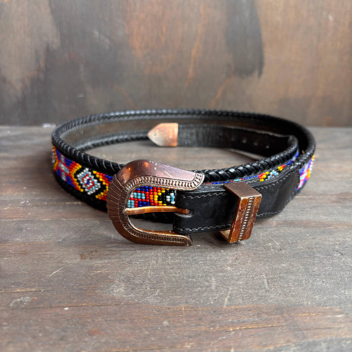 Vintage Black Leather Beaded Belt