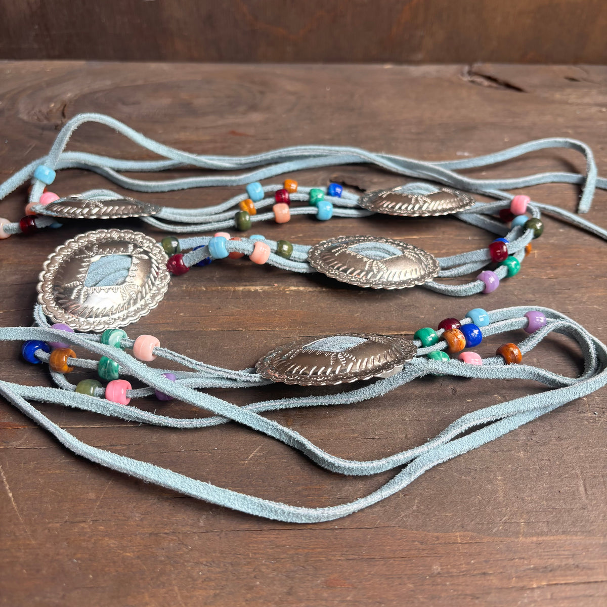 Blue Cord Concho Belt with Beads