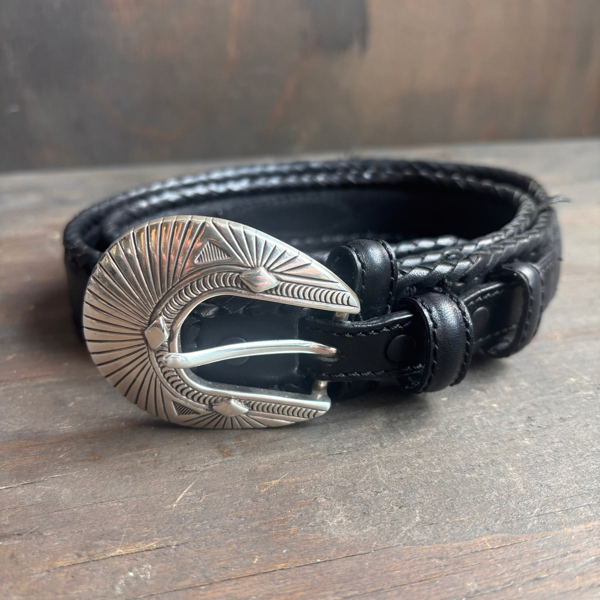 Black Leather Belt with Decorative Buckle
