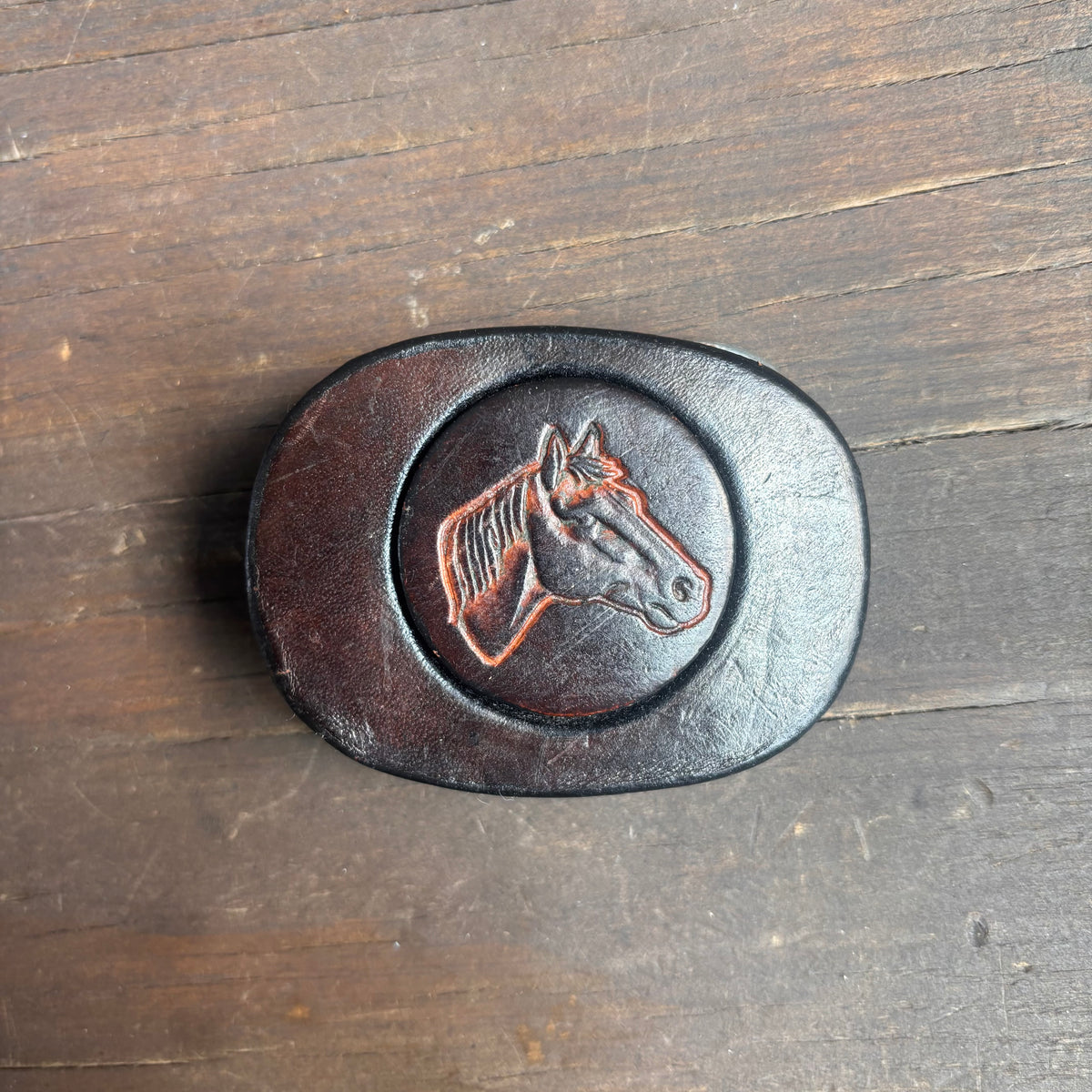 Vintage Brown Leather Horse Head Belt Buckle