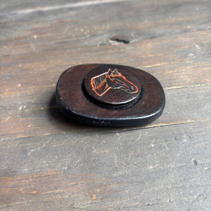 Vintage Brown Leather Horse Head Belt Buckle