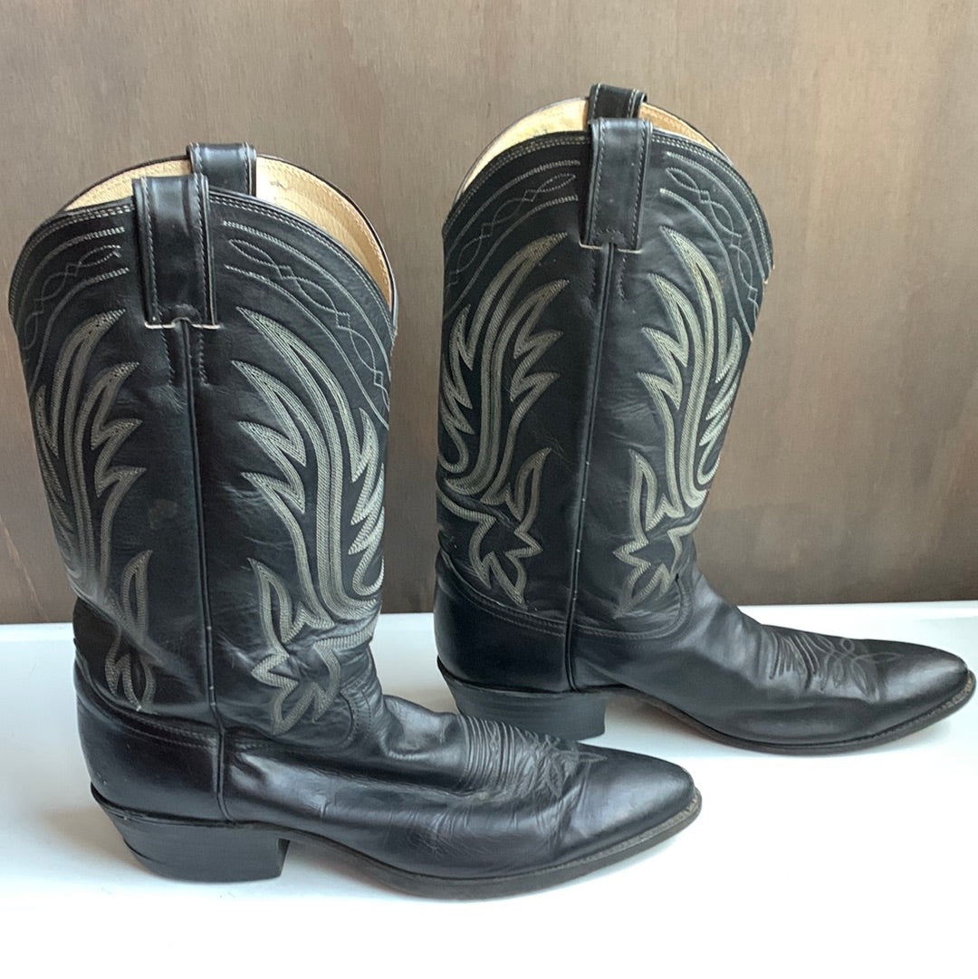 Justin black leather western boot with white stitching