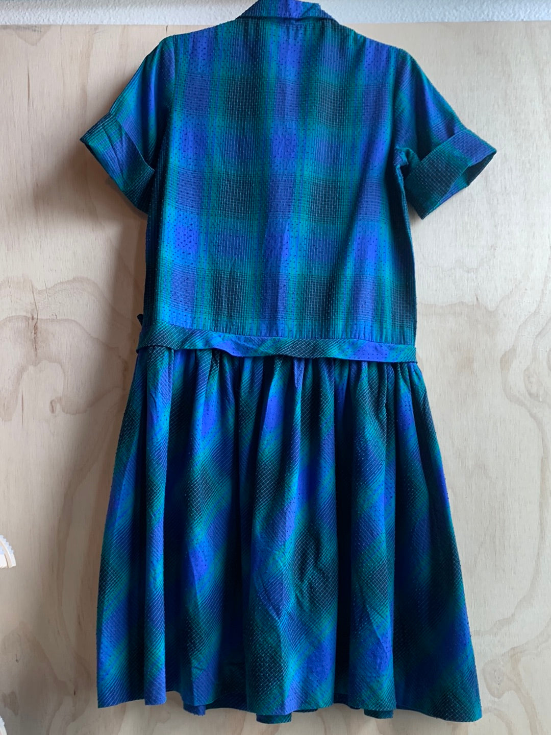 Vintage blue & green plaid dress with bow