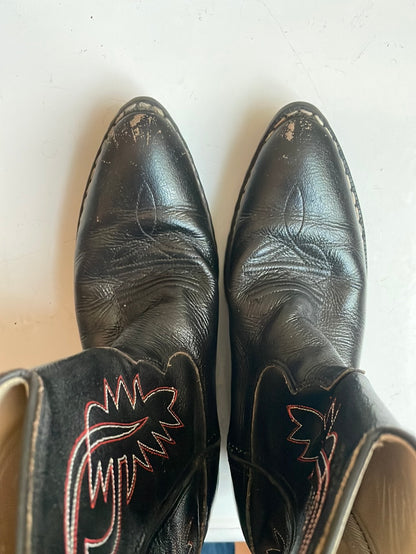 Kid’s Black Leather Boots with red embroidery