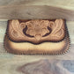 Tooled leather envelope clutch with flowers