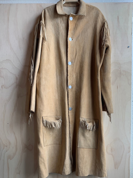 Camel leather fringed duster with silver buttons
