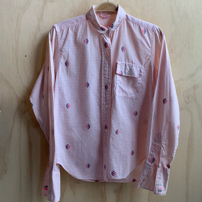 Vintage pink checked button down with embroidery detail
