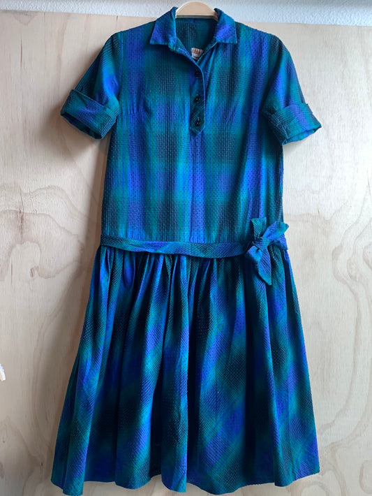 Vintage blue & green plaid dress with bow