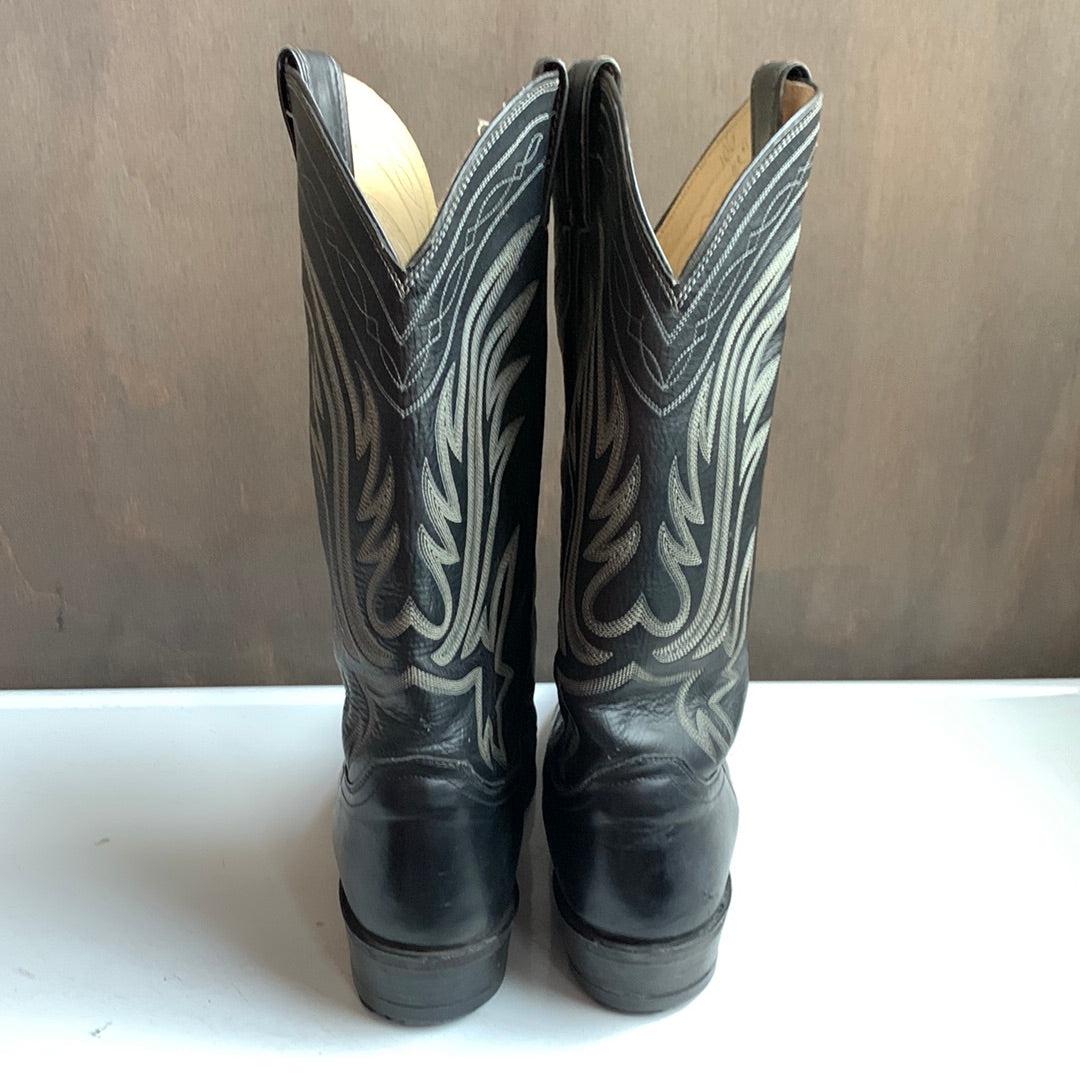 Justin black leather western boot with white stitching