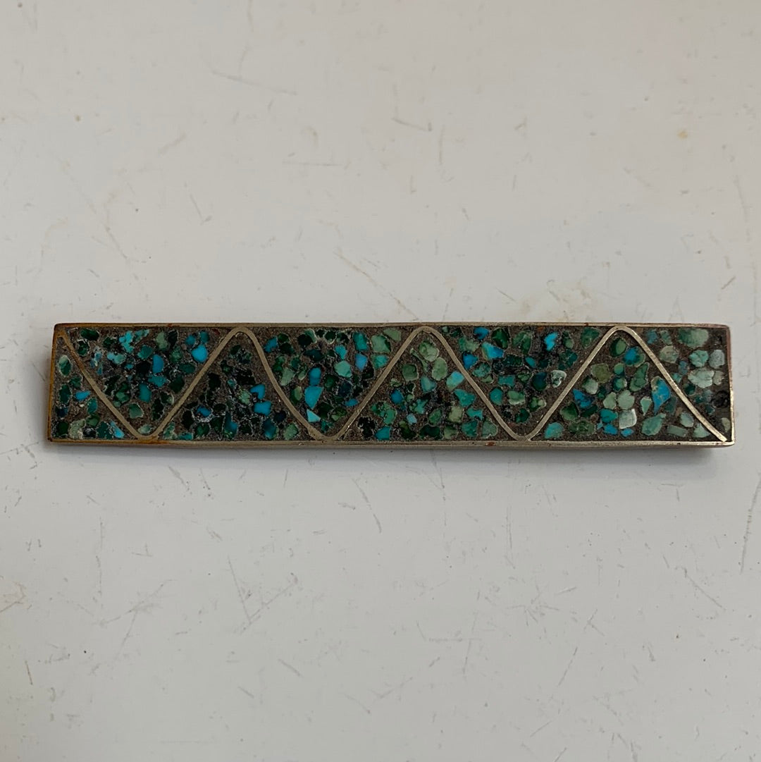 Silver Rectangular Brooch with Turquoise Pieces