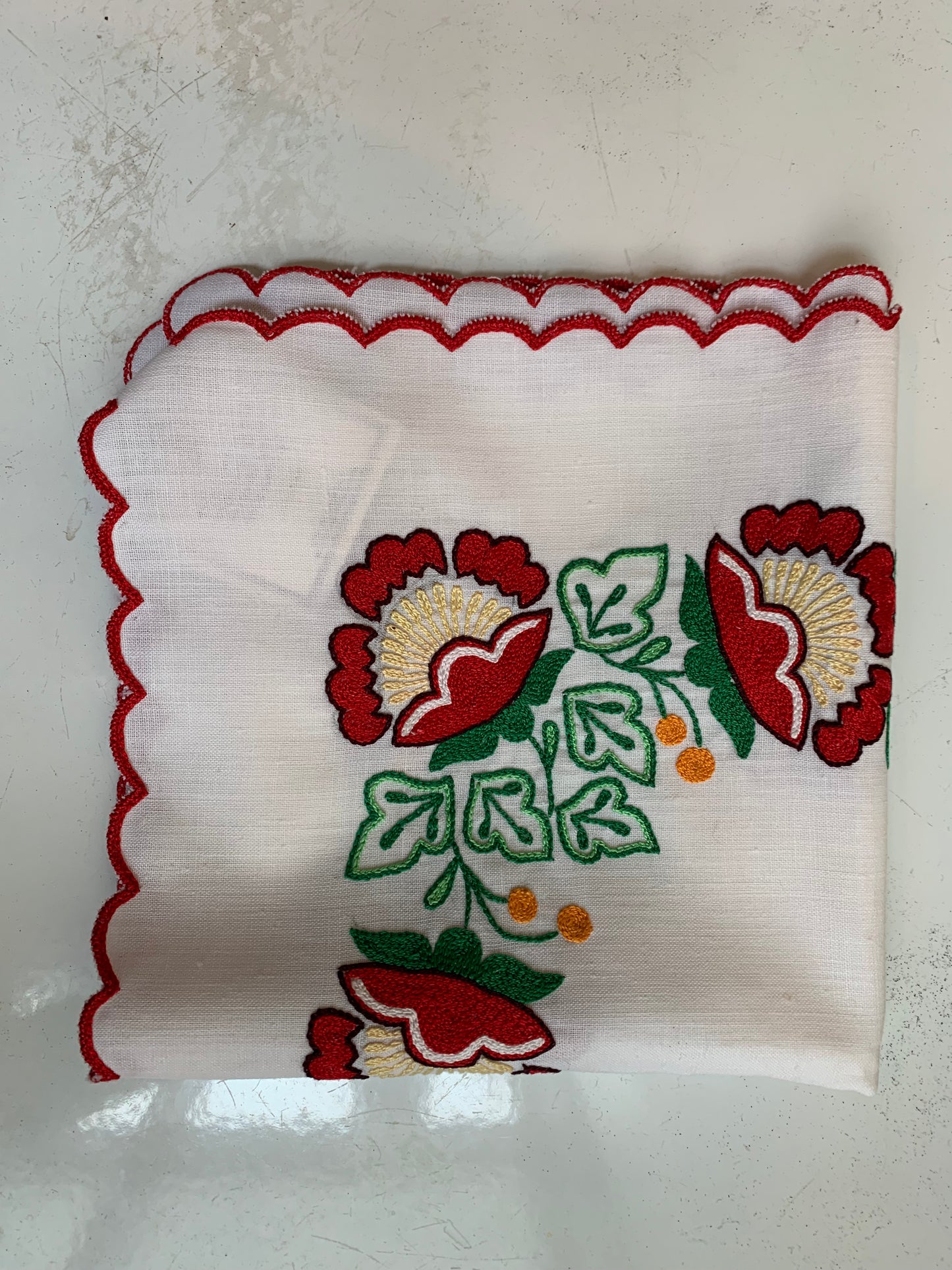 White Table runner Red edging with Red Flowers Green Leaves detailing Floral Small Tablecloth