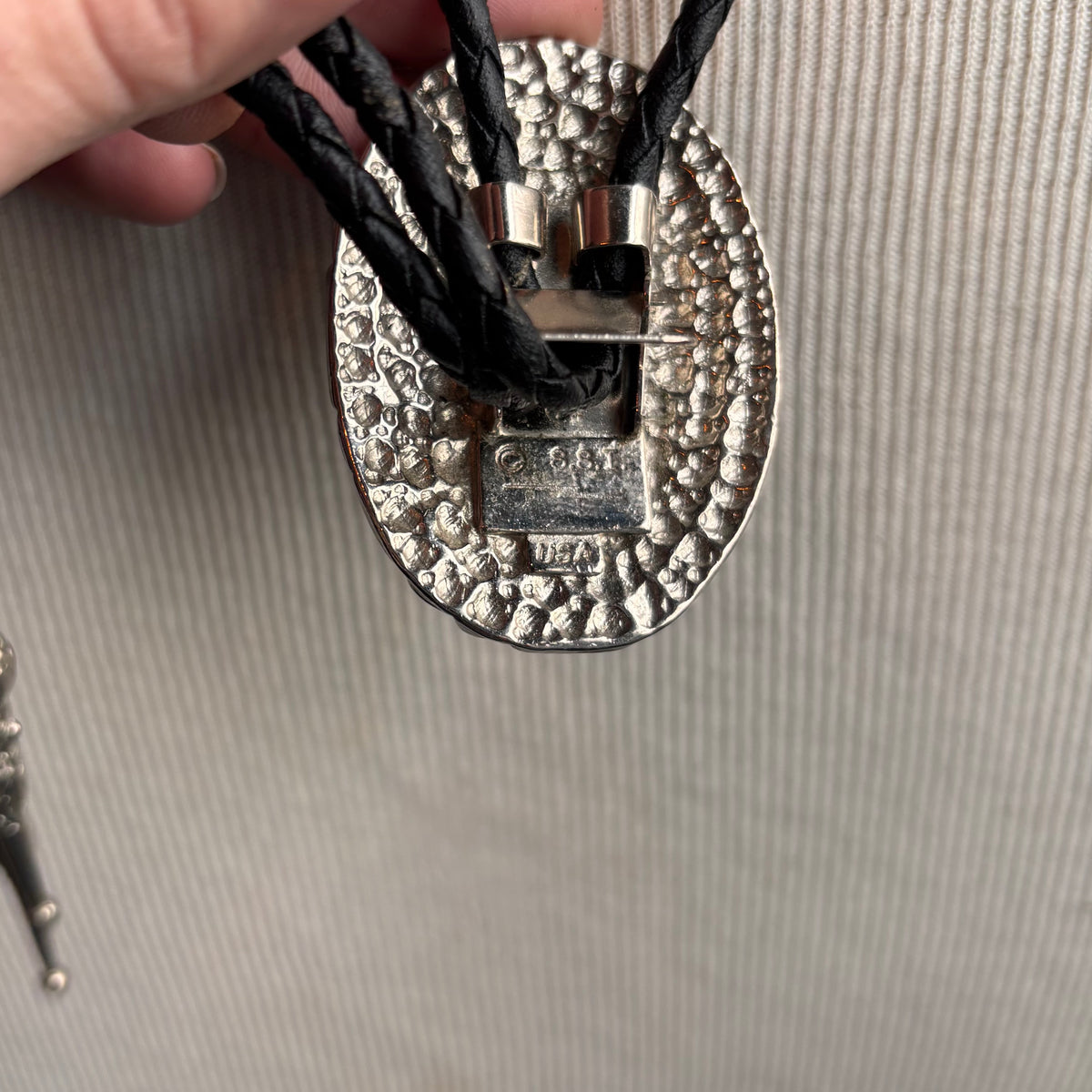 Silver Longhorn Bolo with on Black Leather Tie