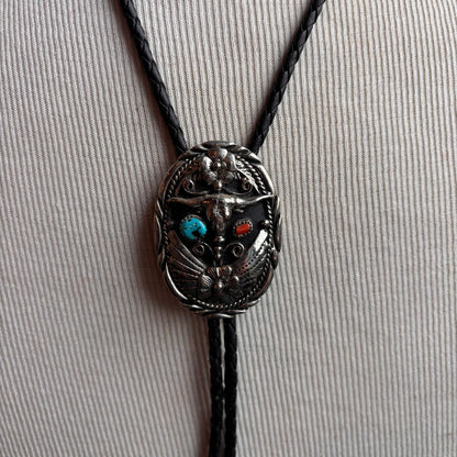 Silver Longhorn Bolo with on Black Leather Tie