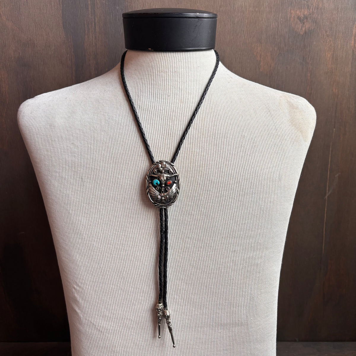 Silver Longhorn Bolo with on Black Leather Tie