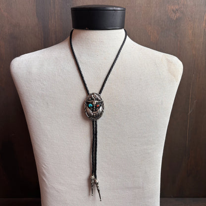 Silver Longhorn Bolo with on Black Leather Tie