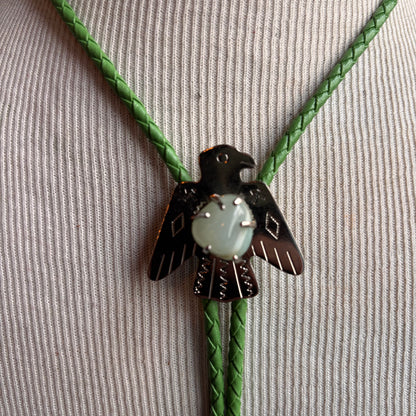 Thunderbird Bolo on Green Leather Tie