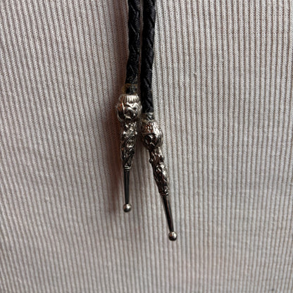 Silver Longhorn Bolo with on Black Leather Tie