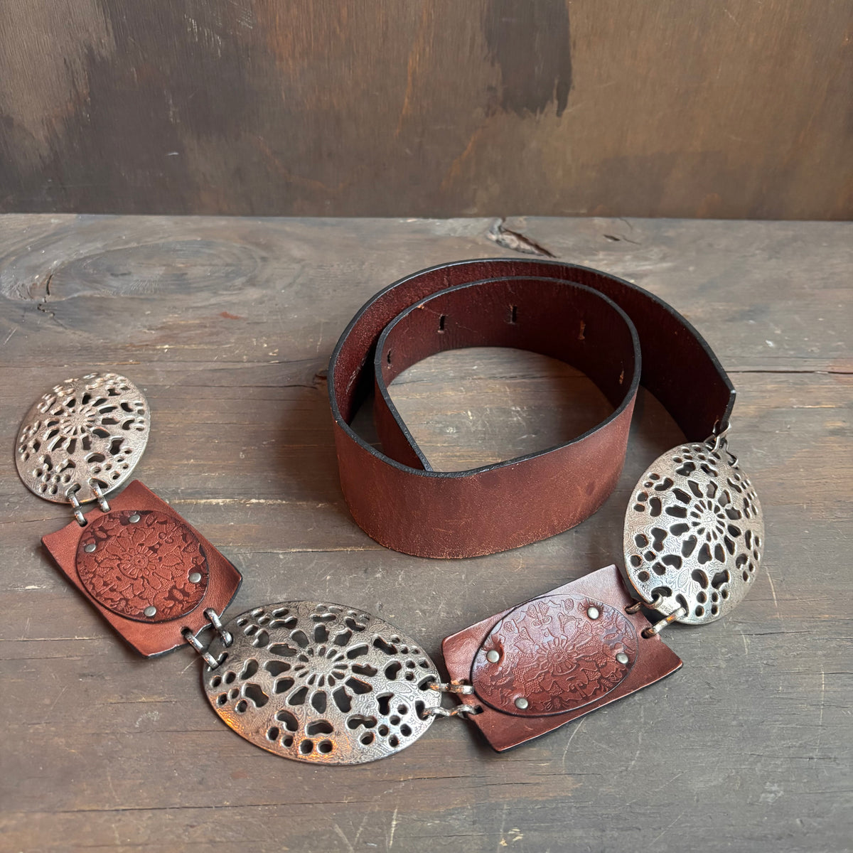Vintage Brown Leather and Metal Belt
