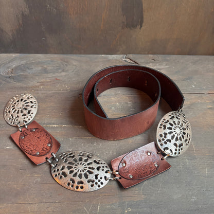 Vintage Brown Leather and Metal Belt