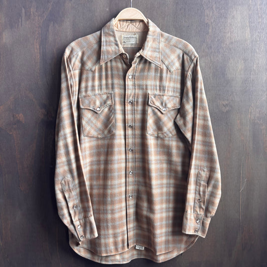 Vintage Pendleton Tan Plaid Wool Pearl Snap